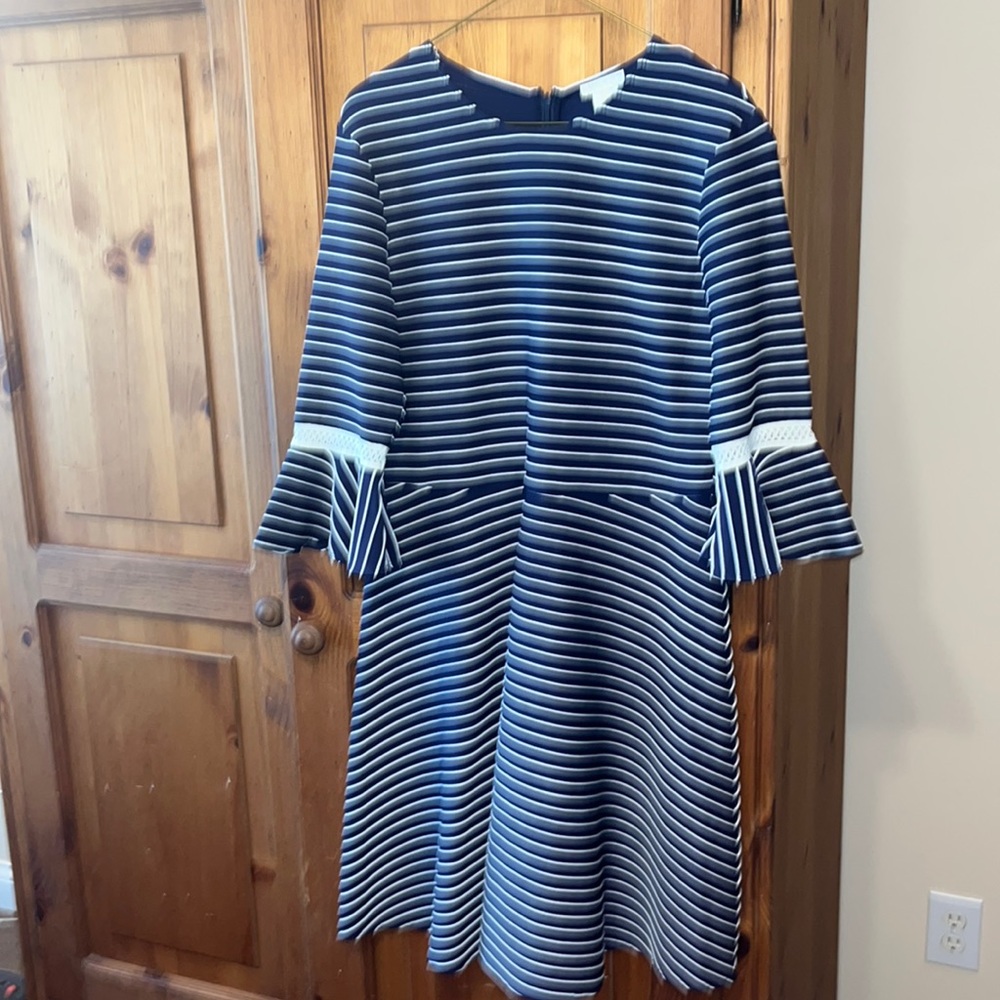 Shoshanna blue and white striped dress with bell sleeves.